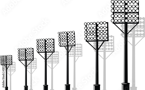 Black and White Illustration Set of Stadium Floodlights and Arena Sport Light Towers Isolated on White Background for Professional Design.