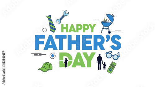 A colorful Happy Father's Day graphic with various icons and text
