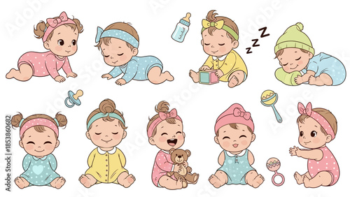 A collection of adorable cartoon baby girls in various playful poses and outfits