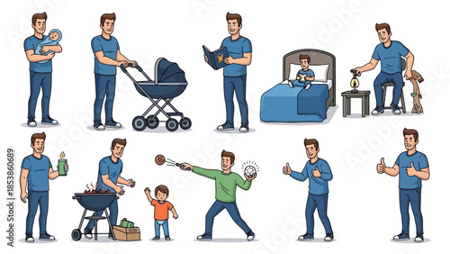 A cartoon man enjoying various activities with his child and alone