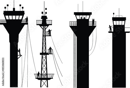 Industrial tower silhouettes, communication and control structures, workers at height, construction maintenance concept, black white minimal illustration, infrastructure technology background
