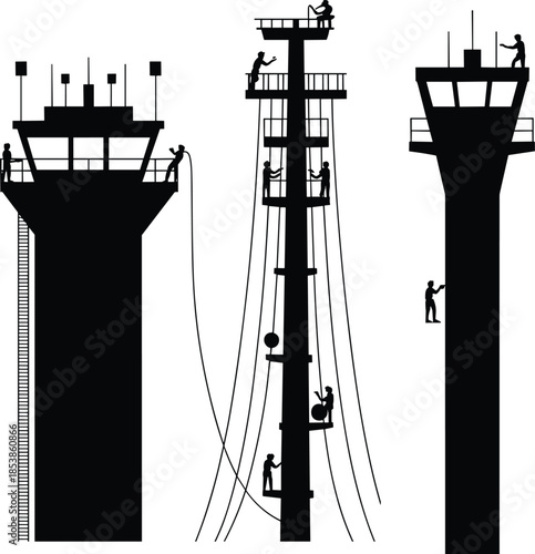Industrial tower silhouettes with workers, maintenance and communication structures, safety at height concept, black white illustration, infrastructure technology background