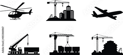 Industrial transport and construction silhouettes set, helicopter airplane cranes logistics, urban building development, black white infrastructure illustration collection