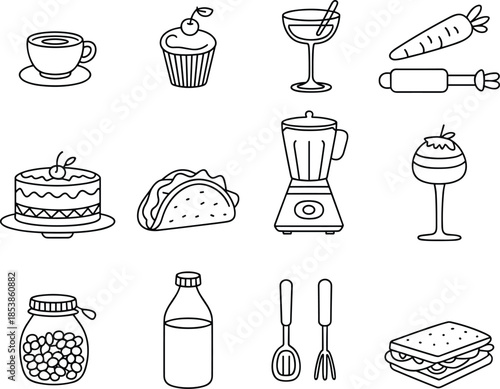 Kitchen and food line icons set, drinks desserts ingredients cooking tools, hand drawn black white outline illustration collection