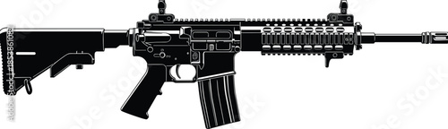 Black and white tactical assault rifle silhouette, modern automatic carbine firearm illustration for military theme, shooting sports, and defense concepts.