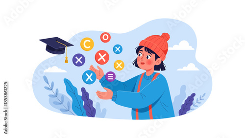 Young student juggling mathematical symbols and graduation cap.