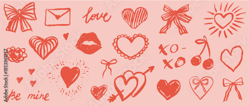 Cute valentines day or wedding element set. Whimsical bows, ribbons and hearts bundle. Vintage hand drawn line art vector illustrations for card invitation, scrapbooking, packaging and sticker prints.