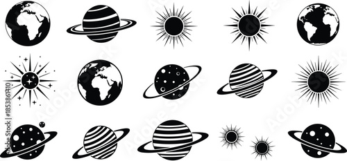 Black and white vector icon set of solar system planets, Earth globes, Saturn rings, and sun symbols isolated on white.