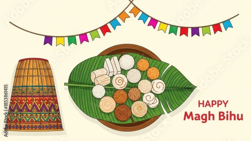Assamese Magh Bihu Festival Illustration Featuring Traditional Pitha Sweets and Japi Hat