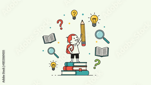 Young student standing on books holding a pencil surrounded by educational symbols.