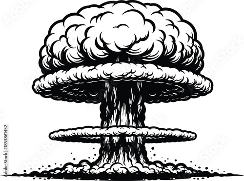 Black and white vector illustration of a nuclear explosion mushroom cloud isolated on white background, symbol of power and destruction