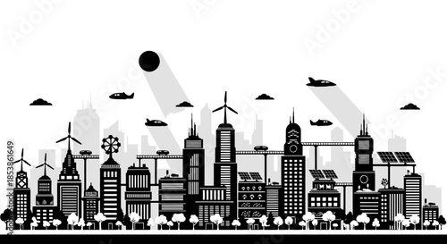 Futuristic city skyline with wind turbines and flying vehicles