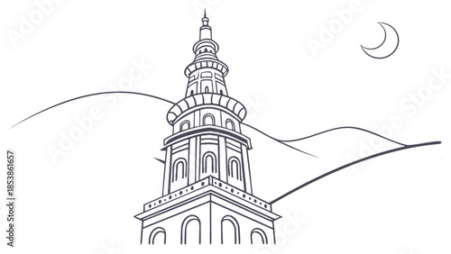 Elegant tower under crescent moon with waving fabric