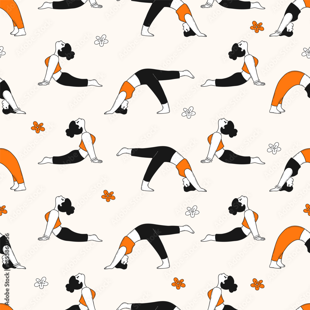 Obraz premium Seamless Yoga Fitness Doodle Pattern. Girl Sportswoman Doing Stretching, Pilates Poses on light Background with Flowers. Hand-Drawn With Orange Color Accent. Vector Illustration. Not AI