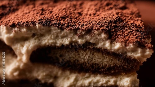 Decadent tiramisu dessert close up showing creamy mascarpone and chocolate dusted top.