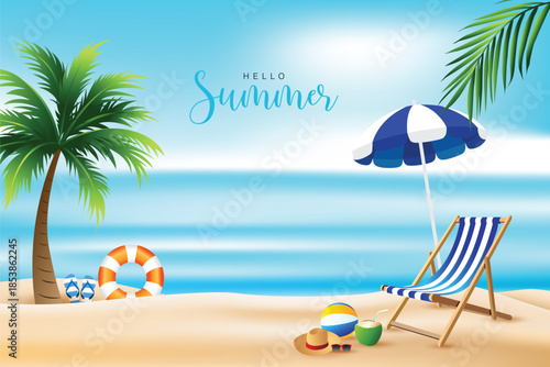 Summer beach illustration with palm trees, lounge chair, umbrella, lifebuoy, beach ball and tropical ocean view. Relaxing seaside vacation background.