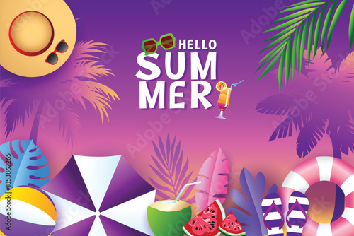 Colorful summer banner with tropical leaves, beach accessories, cocktails, fruits, and “Hello Summer” text on a vibrant purple gradient background, perfect for seasonal designs.