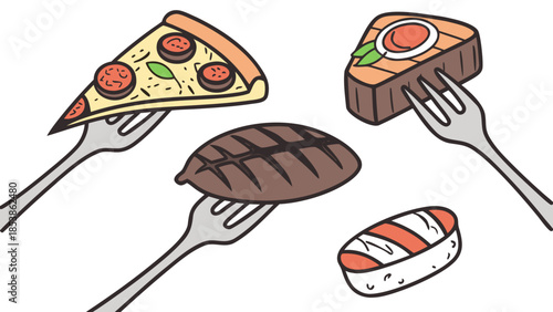 Variety of delicious food on forks for sharing meals