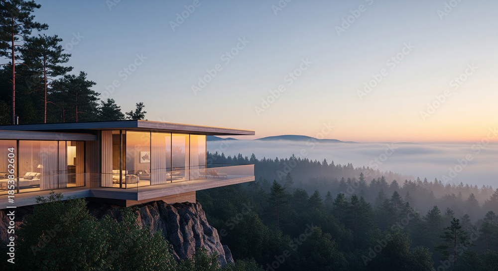 Fototapeta premium A minimalist modern house with large glass windows built on a cliff above a dense forest at sunset.