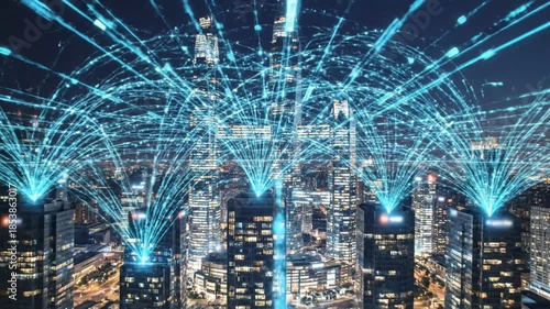 Wallpaper Mural Futuristic City at Night, with Buildings and Digital Connections in the Air Torontodigital.ca