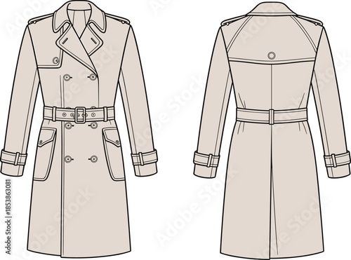 CAD drawing flat vector illustration, trench coat front and back, fashion design template, apparel sketch, clothing mockup, garment technical illustration