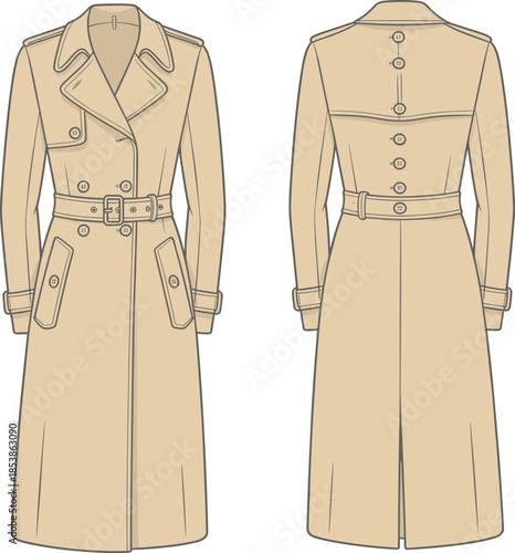 CAD drawing flat vector illustration, trench coat front and back, fashion design template, apparel sketch, clothing mockup, garment technical illustration