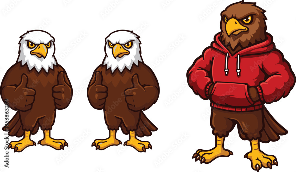 Fototapeta premium Cartoon bald eagle mascot illustration, red hoodie bird character, school spirit eagle, patriotic sports mascot, team logo design, confident animal artwork