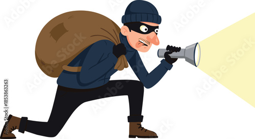 Cartoon burglar character, sneaky thief mascot, crouching robber illustration, masked man with flashlight, burglary concept artwork, funny criminal design