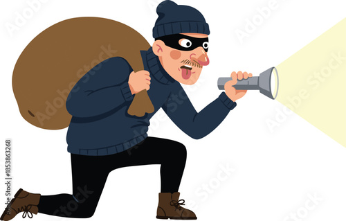 Cartoon burglar character, thief mascot illustration, sneaky robber artwork, funny criminal design, burglary concept drawing, mischievous cartoon figure