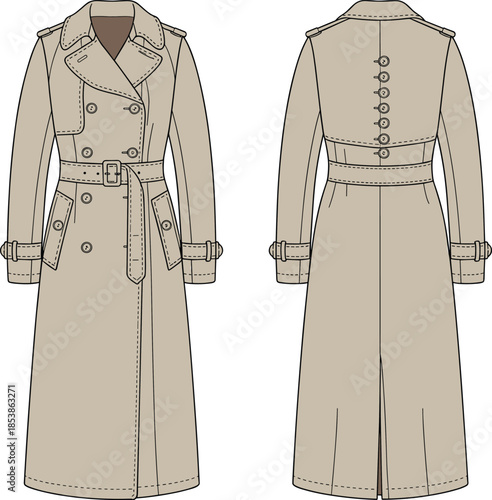 CAD drawing flat vector illustration, trench coat front and back, fashion design template, apparel sketch, clothing mockup, garment technical illustration