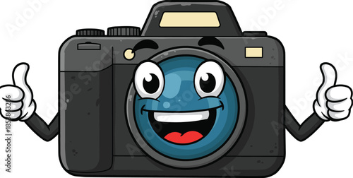 Cartoon camera character, smiling camera mascot, photography illustration, anthropomorphic device artwork, cheerful cartoon design