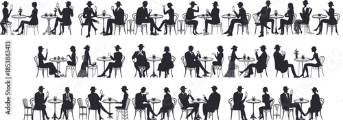 Cafe people silhouettes, vintage couple, coffee shop, restaurant, social gathering, retro style, sitting at table, dining illustration, friends drinking wine