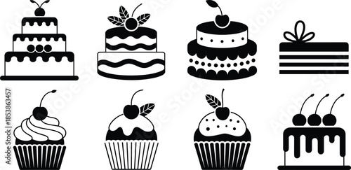 cake, cupcake, dessert, pastry, sweet, bakery, cherry, frosting, icing, layered, tiered, rectangular, bow, icon, illustration, vector, design, cartoon, symbol, food