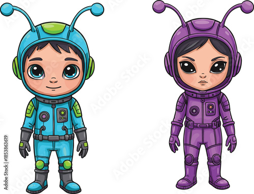 Cartoon children in astronaut suits, space explorers, kids in costume, sci‑fi adventure, imagination, colorful illustration, childhood heroes, comic style, fantasy