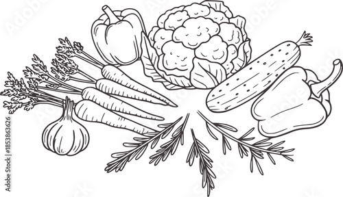 Black and white line of fresh vegetables