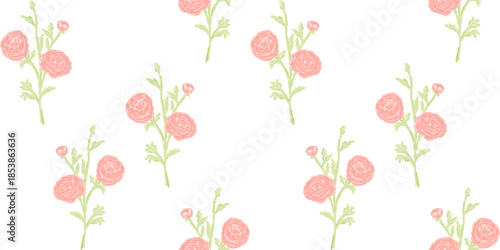 Seamless watercolor pattern with pink ranunculus flowers