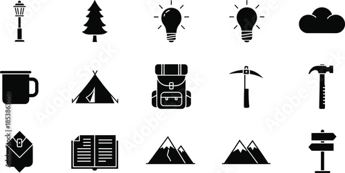 Camping and hiking icon set with backpack, tent, mountains, tools, mug, lamp post, cloud and outdoor adventure elements