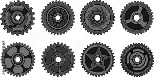 Collection of black industrial gears, mechanical cogwheels, rotating gear parts, engineering components, vector illustration, machine elements, isolated on white background