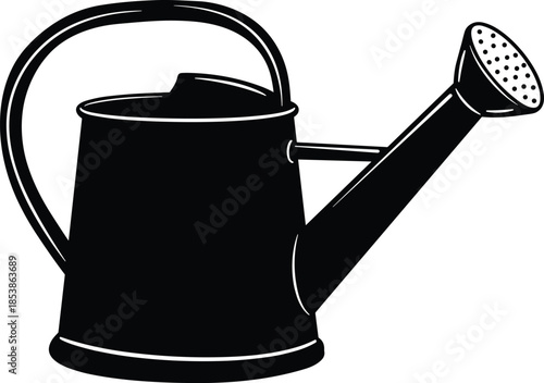 Classic black silhouette watering can vector illustration, gardening irrigation equipment, metal garden water container, farming supply icon, backyard landscaping tool design