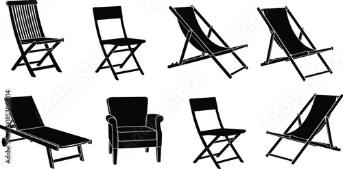 Collection of black silhouette chairs including folding chairs, deck chairs, lounge seats and armchair furniture icons in detailed vector illustration