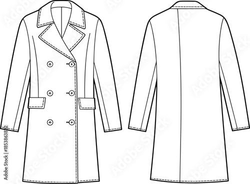Classic long double-breasted trench coat fashion flat sketch, front and back technical drawing, outerwear apparel design template illustration