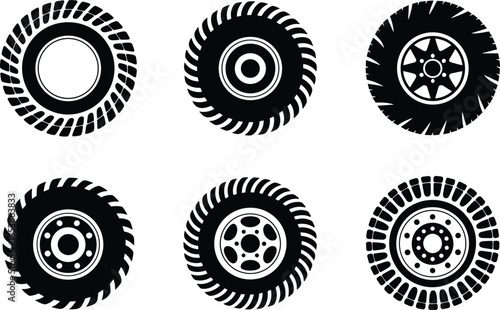 Car tire silhouettes, vector wheel icons, automotive rim designs, vehicle tire clipart set, transportation outline art, car wheel illustration pack, auto parts graphic collection