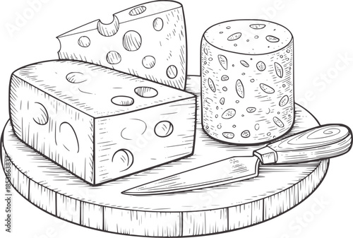 Detailed black and white line of Swiss cheese wedge and wheel cutting board with knife