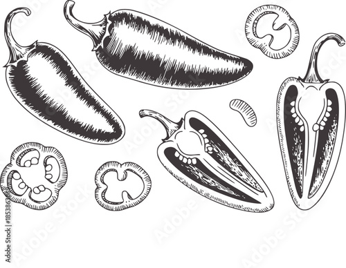 Hand drawn black and white botanical of peppers and cross sections