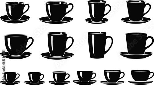 Collection of black silhouette coffee cups and saucers in various shapes, elegant drinkware set for café branding, beverage design and kitchen graphics