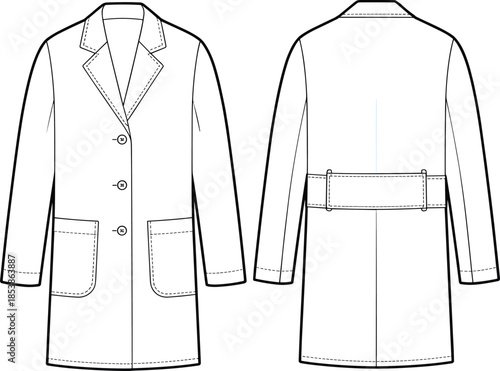 Classic single-breasted coat fashion flat sketch, front and back view, outerwear technical drawing, minimalist design template for apparel