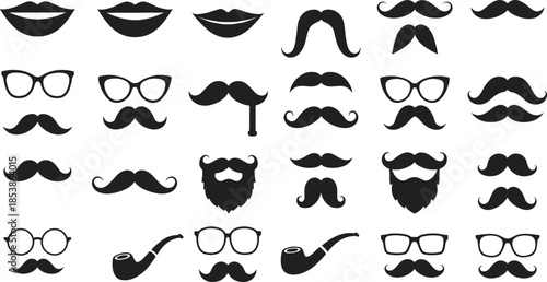 Collection of black silhouette lips, mustaches, glasses, pipes, and beard icons, vintage style, facial hair, accessories, vector design