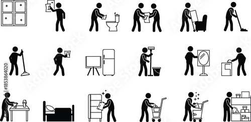 Cleaning icons set, housekeeping service symbols, home chores pictograms, janitorial tasks illustration, sanitation work graphics, domestic maintenance silhouettes, hygiene job signs