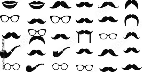 Collection of black silhouette lips, mustaches, glasses, pipes, and hair styles icons, vintage style, facial hair accessories, vector design