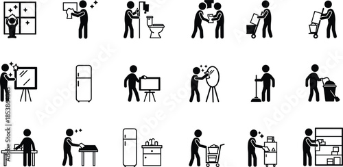 Cleaning service icons, housekeeping symbols, janitorial equipment, sanitation tools, maintenance pictograms, hygiene signs, office cleaning, home chores, work safety